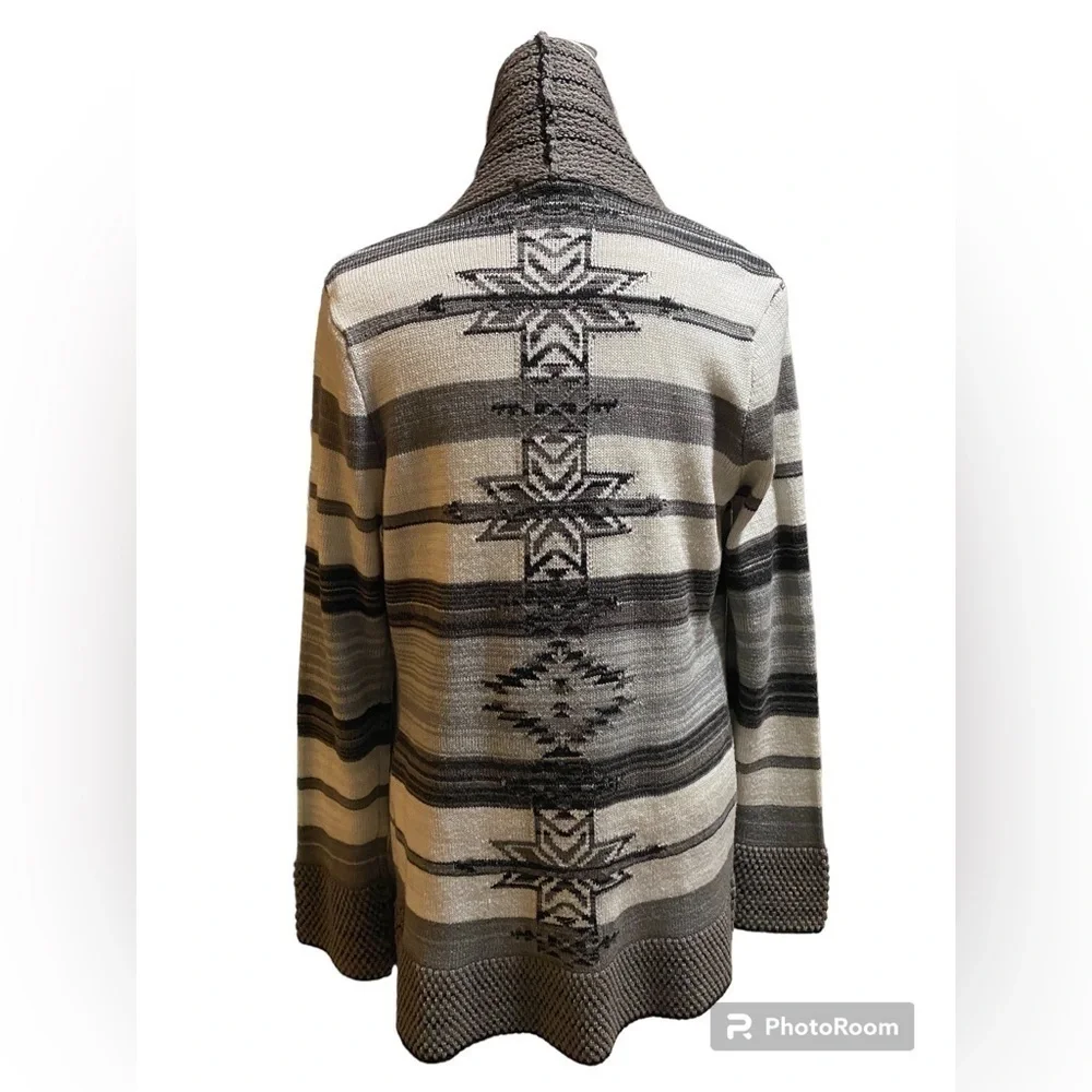 BCBGMAXAZRIA Cardigan Sweater/L/Cowl Neck, Front/Tribal, Aztec Pattern